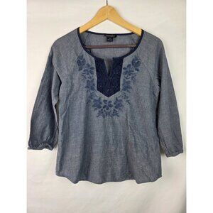 Lucky Brand Women's Top Size Small Blue Embroidered 3/4 Sleeve Blouse Shirt